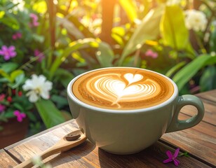 A cup of latte art coffee on a wooden table with a flower garden background