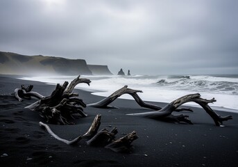 Dramatic driftwood logs on black volcanic sand beach with stormy ocean waves and cliffs.