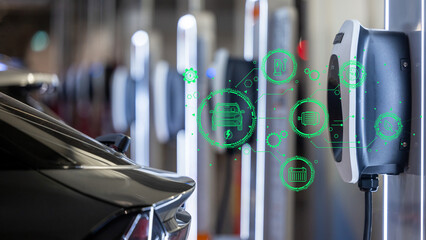EV charger and electric car, Electric car charger station for charge ev battery, Plug for vehicle with electric engine, EV charger clean energy, Charging point at car parking lot department store.