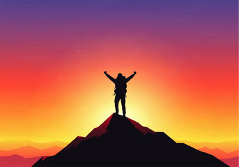 Silhouette of a hiker with arms raised in triumph standing on a mountain peak at sunset, celebrating a successful climb.