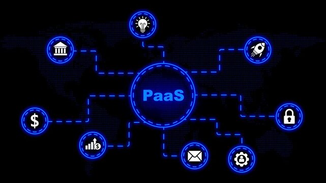 Paa S Platform as a Service Concept with Global Network and Business Icons Keywords: Paa S, Platform as a Service, business concept, global network, world map, strategy, innovation