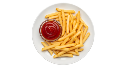Crispy golden french fries served with a side of rich red tomato ketchup on a transparent background