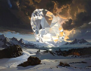 A Majestic Diamond Shines Above a Snowy Mountain Landscape at Sunset