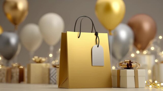 Golden gift bags and colorful balloons create a festive atmosphere surrounded by elegant presents for a special celebration