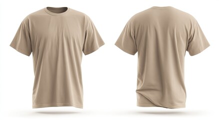Plain tan tee, front & back view, isolated on white