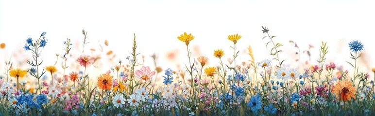 Fototapeta premium Colorful meadow of wildflowers including blue, yellow, pink, and orange blossoms with green stems against a bright, softly blurred background evoking calm and natural beauty