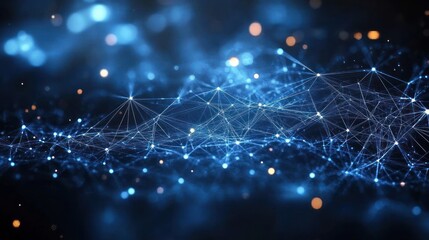 Abstract network of glowing blue nodes connected by fine lines on a dark blurred background conveying digital connectivity and data flow