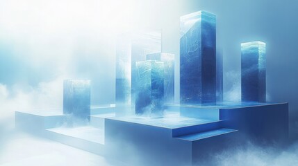 Abstract digital scene featuring translucent blue glass-like rectangular prisms arranged on stepped platforms surrounded by mist and soft light, evoking a surreal and calm atmosphere