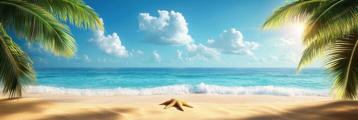 Sunny tropical beach with golden sand, clear blue ocean waves, a starfish on the shore, framed by green palm leaves under a partly cloudy sky