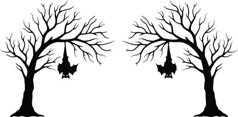 Two spooky leafless trees with hanging bats, eerie Halloween forest silhouette, gothic nature illustration for decoration, design, and backgrounds