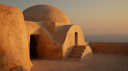 Earthen domed structure situated on an arid platform during a soft sunset glow