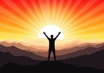 Silhouette of a person with arms raised in celebration against a vibrant, radiant sunset over a mountainous landscape.