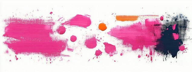 Abstract horizontal painting with vibrant pink brush strokes, orange and dark blue splashes on white background conveying energetic and playful mood