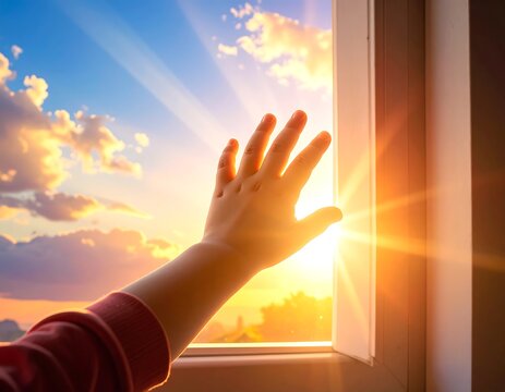 A child's hand reaching for the bright, sunlit sky from an open window