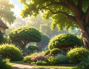 A serene and lush garden landscape with vibrant greenery and blossoming flowers