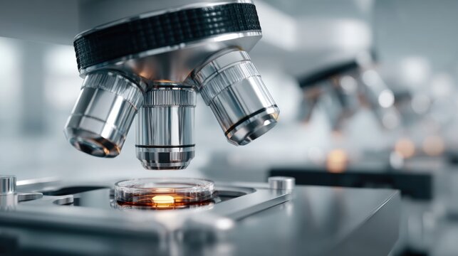 A microscope in a laboratory setting, with a sample slide in focus.