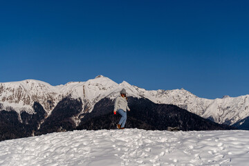Mountains Snow Woman Hiking: Winter Alps Solo Trek Sunny Day