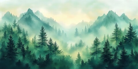 Fototapeta premium misty forest with tall pine trees covering the landscape and rugged mountain peaks softly outlined in the fog under a cloudy sky