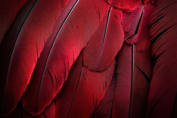 Close-up view of vibrant red feathers with detailed texture and soft lighting revealing natural patterns and fine outlines