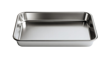 Shiny stainless steel baking tray isolated on transparent background for kitchen use