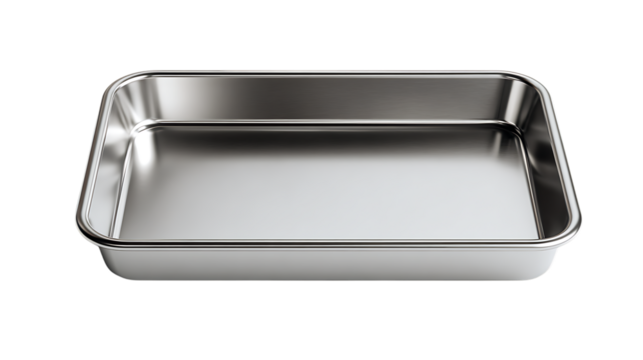 Shiny stainless steel baking tray isolated on transparent background for kitchen use