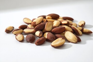 Obraz premium Close-up of a pile of brown almonds with some skins partially removed on a white surface under natural light