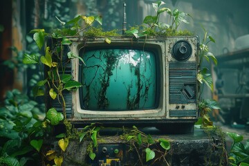 Old vintage television covered with green ivy and moss, surrounded by plants in an abandoned setting conveying nature reclaiming technology