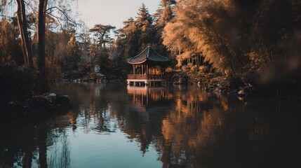 Obraz premium Serene Oriental pavilion stands over calm water surrounded by dense foliage during soft daylight