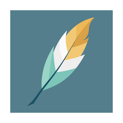Stylized Yellow and Teal Feather with White Accents on Gray Background quill bird