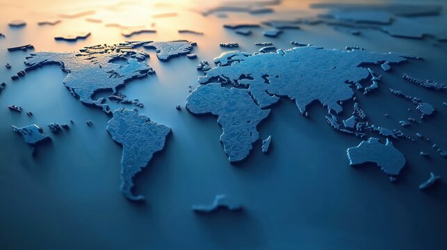 3d textured digital relief map of the world with blue continents raised above dark blue ocean surface under warm light