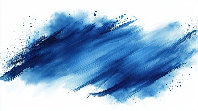 Abstract dynamic brush strokes in varying shades of blue with splattered paint effects on a white background conveying movement and energy