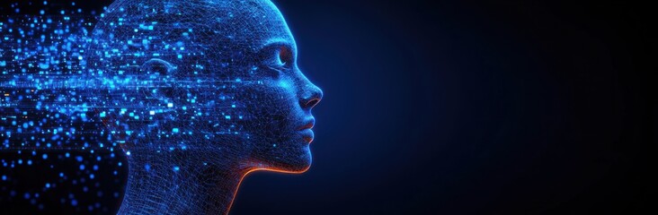 Digital wireframe human head profile with glowing blue particles dispersing from the back, symbolizing technology and futuristic artificial intelligence