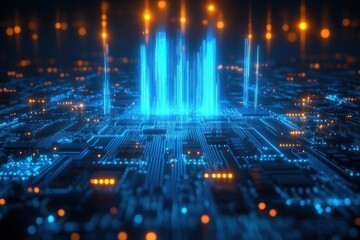 Obraz premium Futuristic cityscape represented by glowing blue and orange digital circuit lines with holographic skyscrapers rising from a complex motherboard-like surface