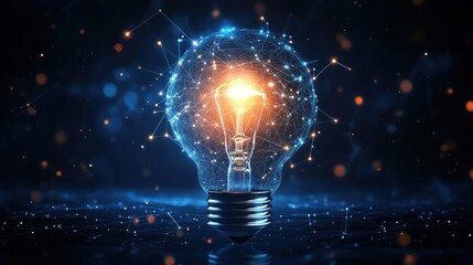 Illuminated light bulb surrounded by glowing digital network connections symbolizing innovation and technological ideas in a dark futuristic setting