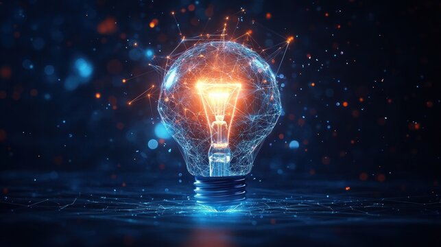 Glowing light bulb with digital network and abstract connections representing innovation and technology in a dark futuristic environment - Powered by Adobe