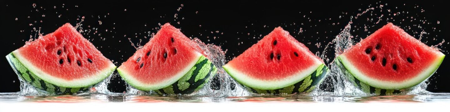 Four juicy watermelon slices splashing into water with droplets captured mid-air against a black background, conveying freshness and summer vibes