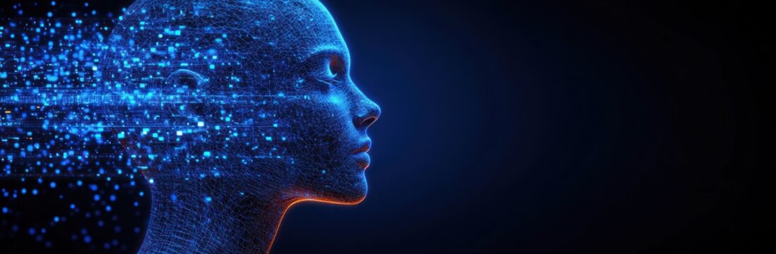 Digital wireframe human head profile with glowing blue particles dispersing from the back, symbolizing technology and futuristic artificial intelligence - Powered by Adobe