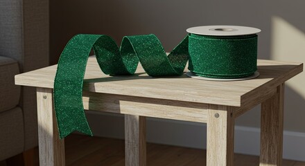 Sparkling Green Ribbon Roll on Wooden Tabletop Decoration