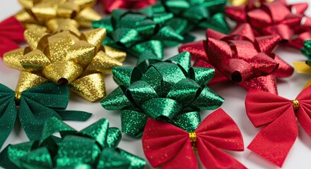 Sparkly Decorative Bows Glittering Gold Red Green Festive Decoration