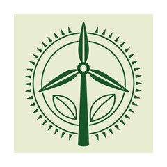 Green wind turbine icon with serrated circular border and leaves Keywords: wind turbine, renewable energy, green energy, sustainability, ecology
