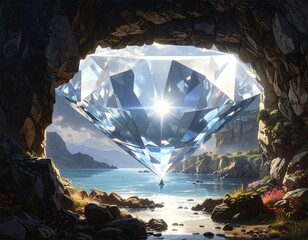 A stunning, sparkling diamond emerging from a cave overlooking a seascape