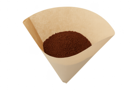 Ground coffee in paper filter for pour over brewing