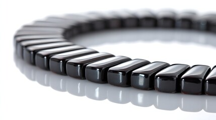 Row of polished dark magnetic beads forms a curved arrangement on a bright surface