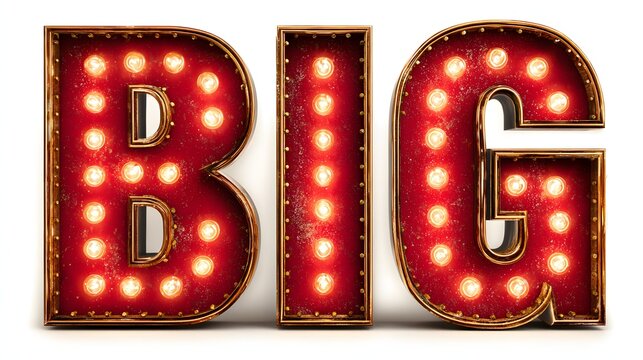 Three dimensional marquee letters spell out the word big with illuminated bulbs