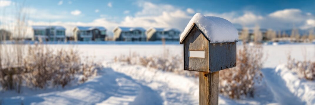 Snow-covered Mailbox Beside a Snowy Path With Residential Buildings in the Background During a Bright Winter Day