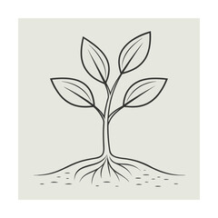 Simple line drawing of a plant seedling with roots and leaves Keywords: plant, seedling, sprout, growth, roots, leaves, stem, soil, nature