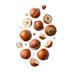 floating hazelnuts and their slices, isolated on white or transparent background. PNG
