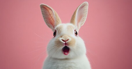 Obraz premium Surprised white and light brown rabbit with wide eyes and open mouth against a pink background