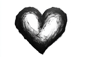 Black and white heart shape rendered with textured brush strokes on a clean white background, evoking simplicity and contrast