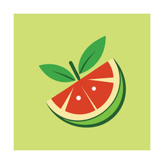 Stylized grapefruit slice with green leaves and stem on light green background citrus